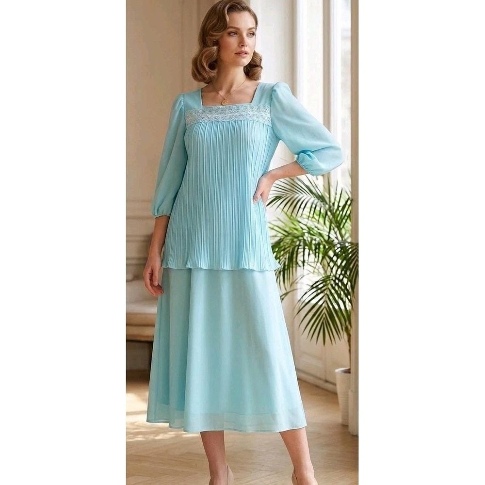 Vtg 70/80s Cue Fashion Pleated USA Made Dress Lace Women Sz 16 Golden Girl Style